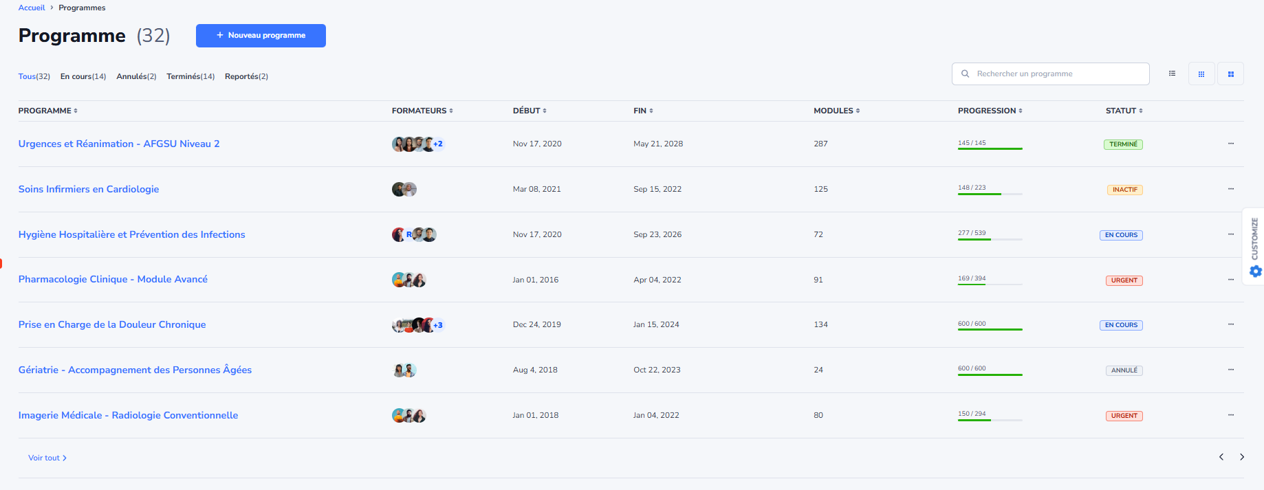 LearningTime LMS - Interface de gestion des programmes de formation professionnelle